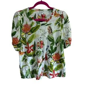 Chico's Women's Medium‎ Floral Print White T-Shirt Top Casual Weekend Brunch
